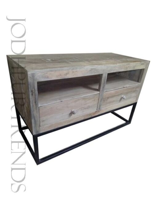 TV Center Unit in White Distress Finish | French Industrial Furniture