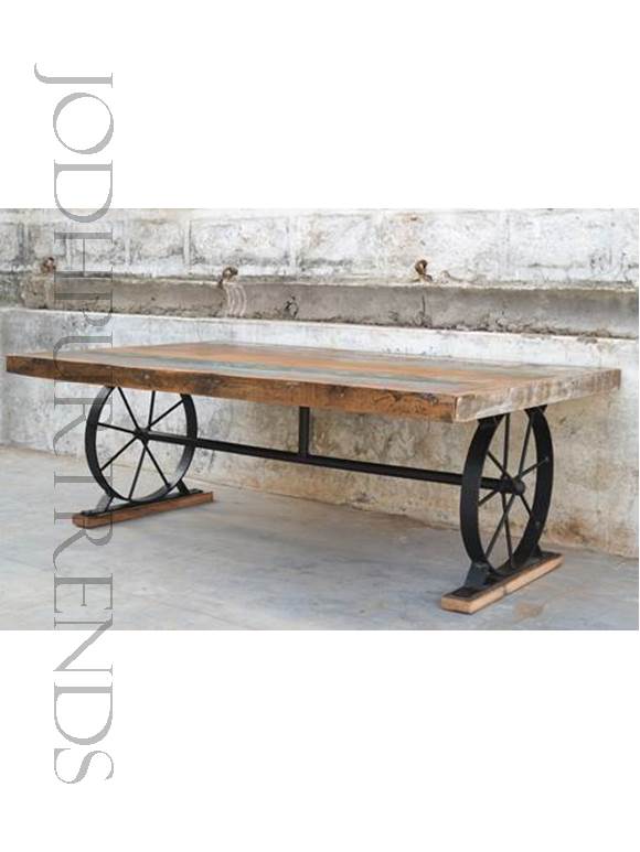 Vintage Dining Table with Base of Wheels | Vintage Industrial Furniture Iron Wood Coffee Table