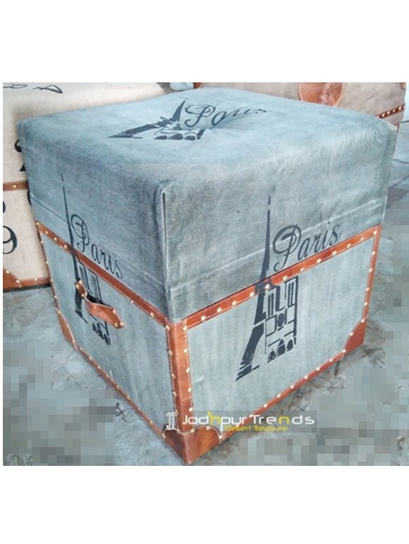 Canvas Leather Storage Box Ottoman