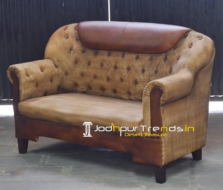 Canvas Genuine Leather Two Seater Sofa