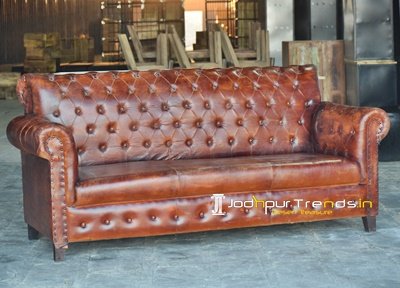 Leather Wooden Evergreen Brown Leather Sofa