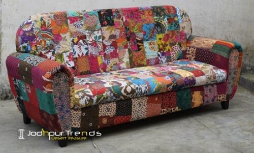 Traditional Colorful Gudri Fabric Three Seater Sofa