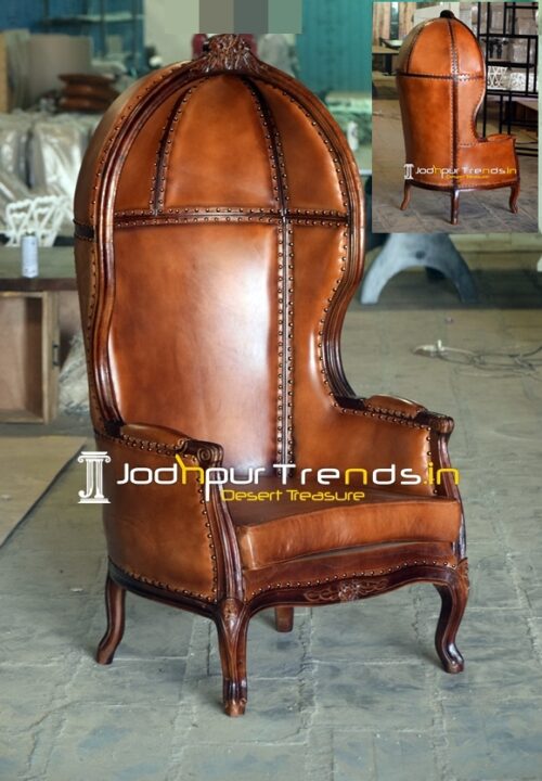 Carved Design Leather Upholstered Victorian Balloon Chair