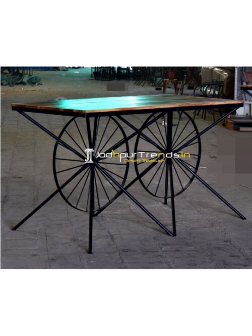 Metal Wheel Base Reclaimed Wood High Hospitality Table