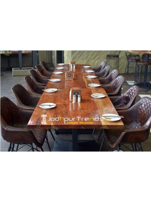 Original Leather Solid Natural Wood Industrial Long Table Design