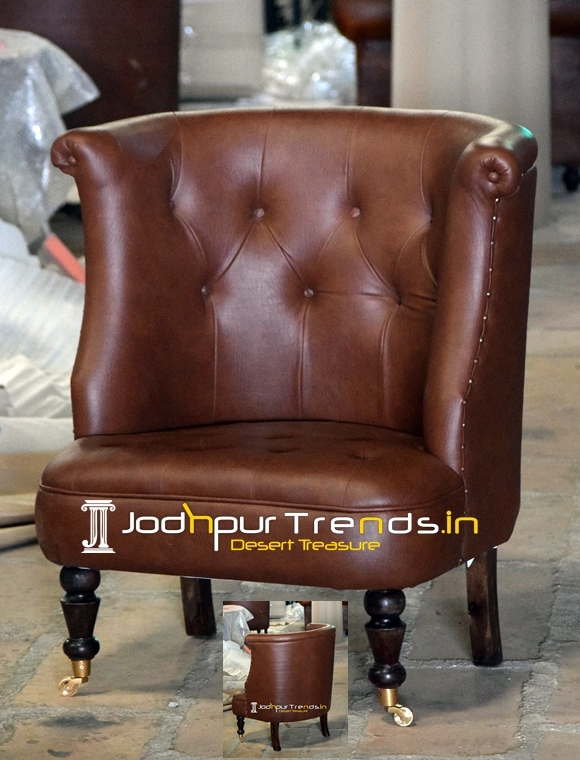 Wheel Base Leatherite Upholstered Tufted Chair