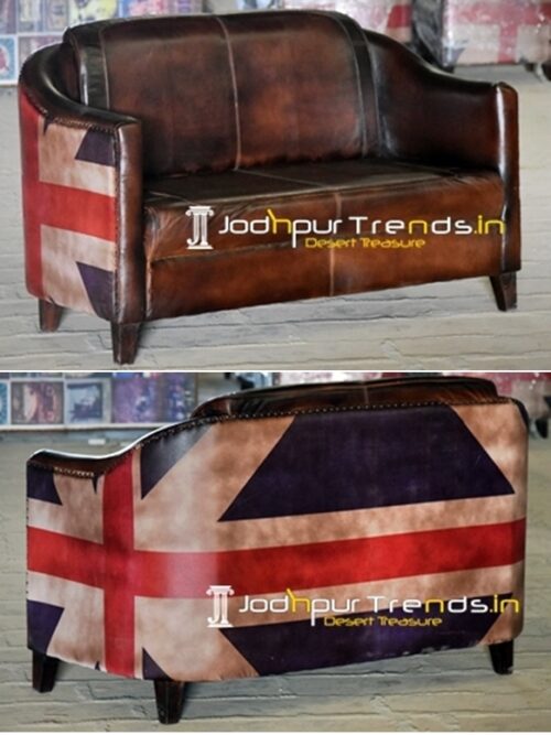 English Flag Printed Fabric Goat Leather Two Seater Sofa