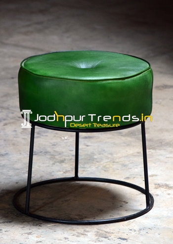 Green Leather MS Base Industrial Stool Design