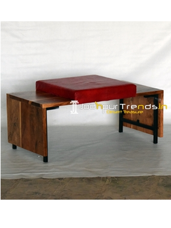 Solid Acacia Wood Leather Seat Industrial Bench