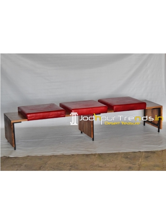 Solid Acacia Wood Leather Three Seater Bench