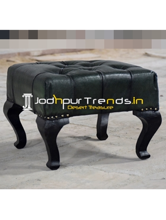 Tufted Leather Carved Legs Indian Footstool