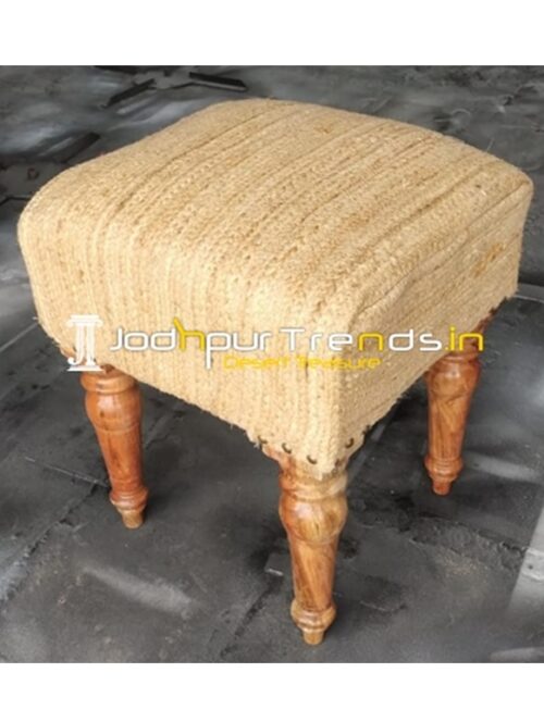 Woven Jute Fabric Handloom Theme Wooden Pouf Stool