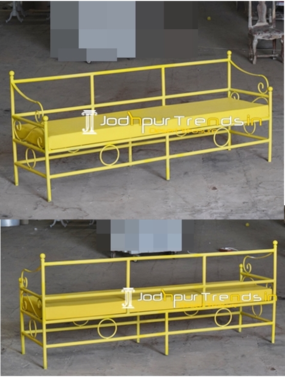 Yellow Coated Leatherette Seating Outdoor Long Bench