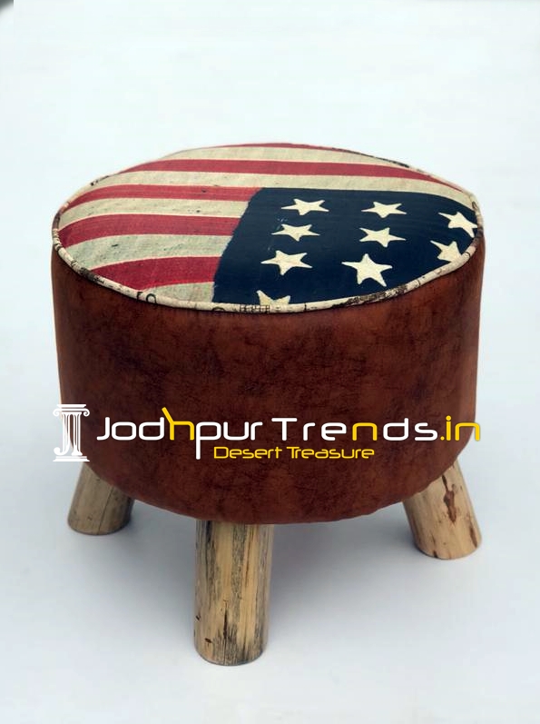 USA Flag Printed Raw Wood Legs Round Pouffee Stool