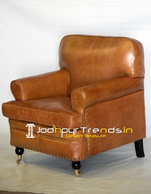 Buff Leather Brass Wheel Handcrafted Single Seater Sofa
