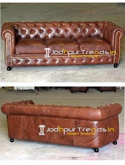 Round Back Tufted Buff Leather Chesterfield Sofa
