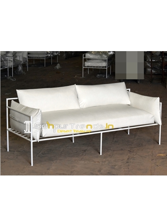 White Leatherette Metal Base Outdoor Three Seater Sofa