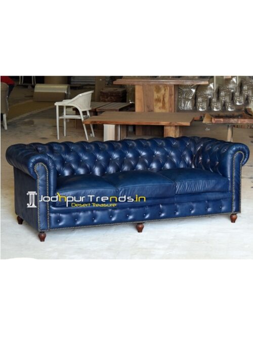 Blue Tone Tufted Chesterfield Three Seater Sofa Design