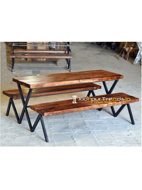 Industrial Solid Acacia Wood Metal Table Bench Set